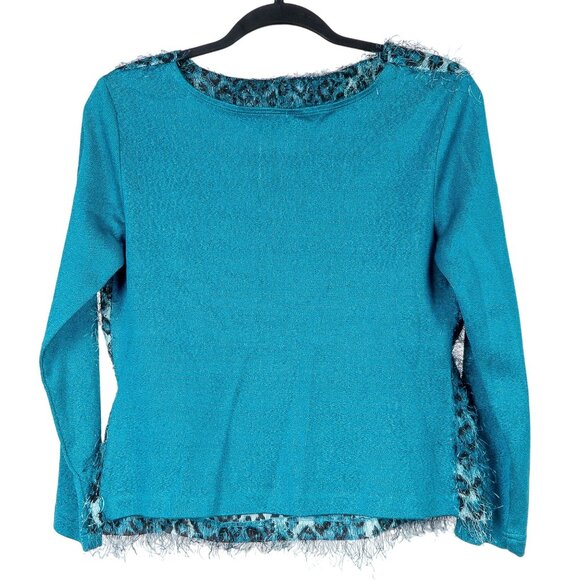 Nancy Bolen VTG Leopard Print Eyelash Shirt S Womens Teal Knit Long Sleeve USA - Picture 6 of 6